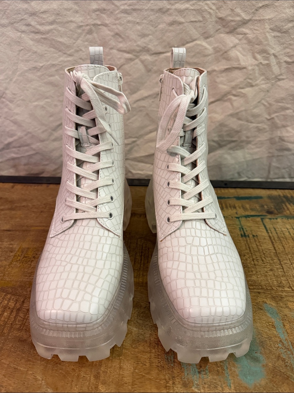 Katy Perry Collections White Croc-Embossed Lace-Up Platform Boots